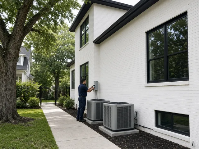 Two AC condensers in the side yard of a new Bellaire home