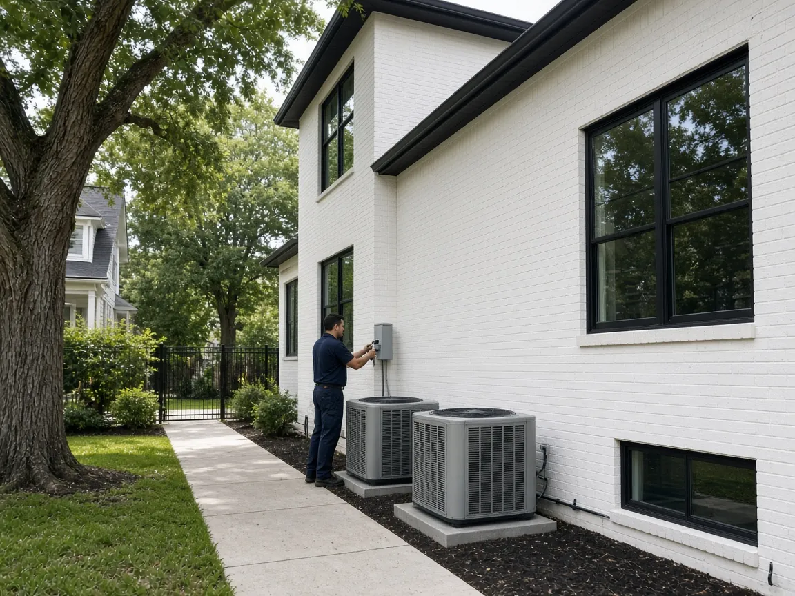 Two new AC condensers in the side yard of a modern white-brick home in Bellaire