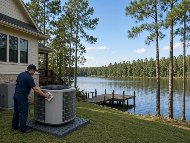 Technician cleaning a new heat pump at a Lake Conroe waterfront home