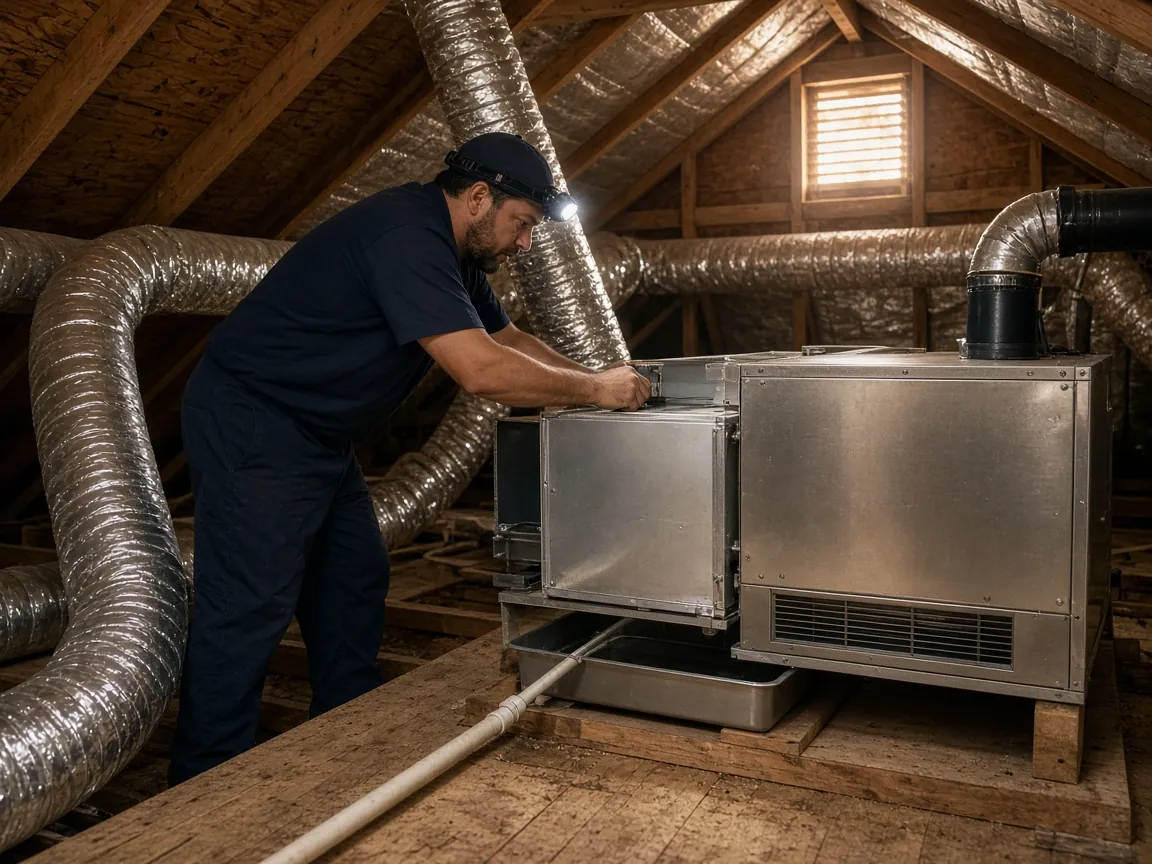 Technician installing a horizontal furnace and evaporator coil with a drain pan in a Cypress attic