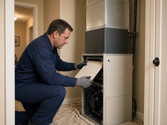 Technician installing a new upflow furnace in a Friendswood hallway closet