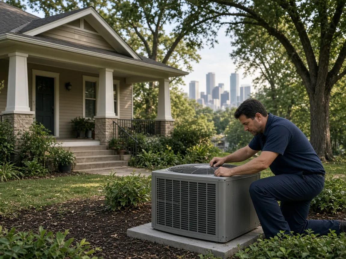 HVAC technician installing a new AC condenser beside a Craftsman bungalow in Houston