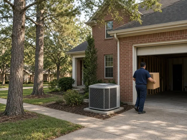 Technician carrying a new evaporator coil into a Humble home's garage