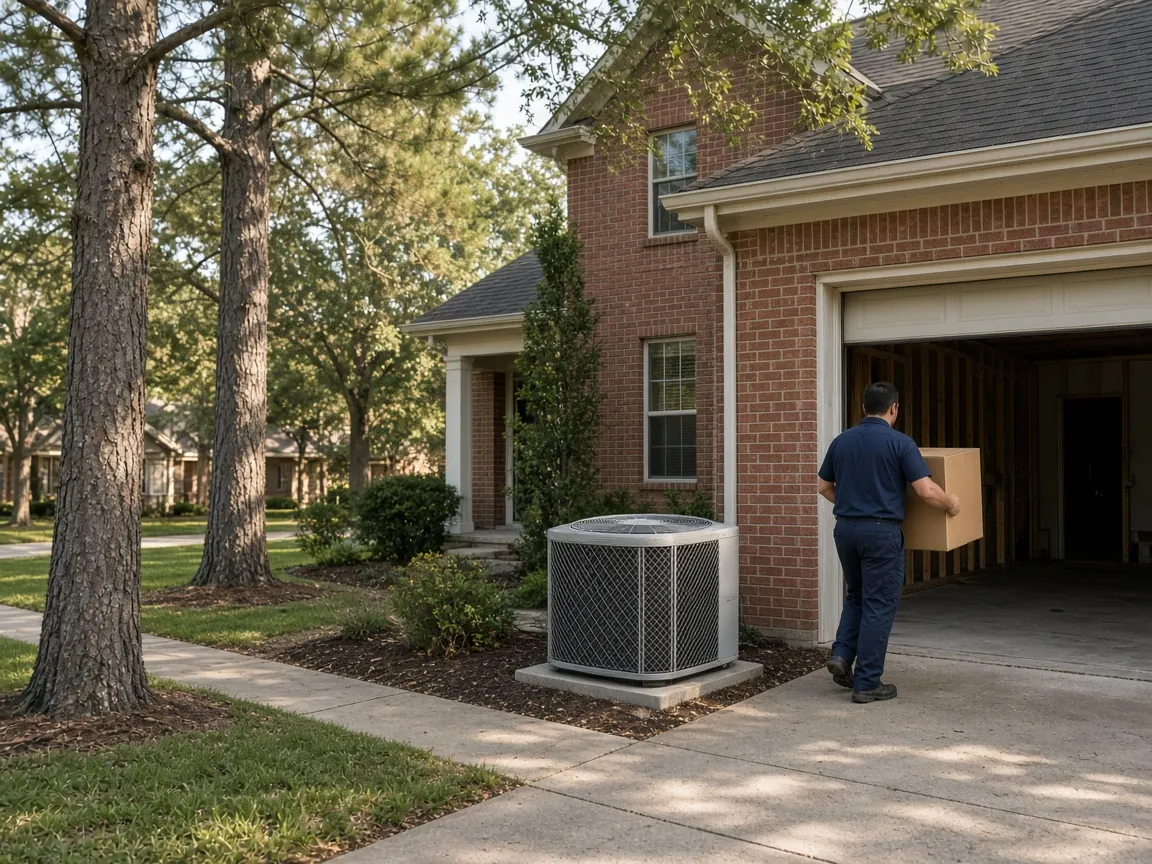 Technician carrying a new evaporator coil into the garage of a brick home in Humble