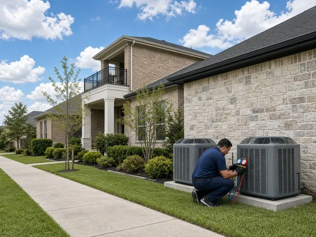 Two AC condensers beside a two-story stone home in Katy