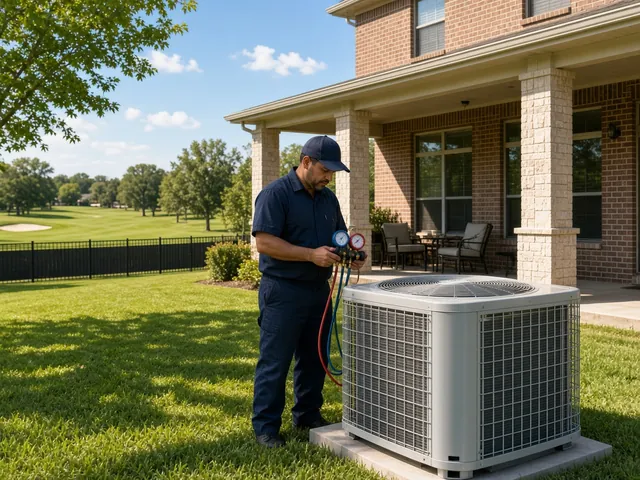 Technician checking refrigerant charge on a new AC beside a Missouri City golf course