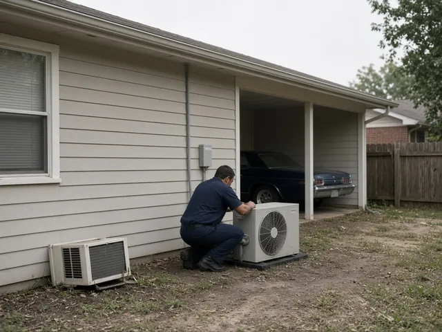 Technician installing a ductless mini-split outdoor unit at a Pasadena ranch home