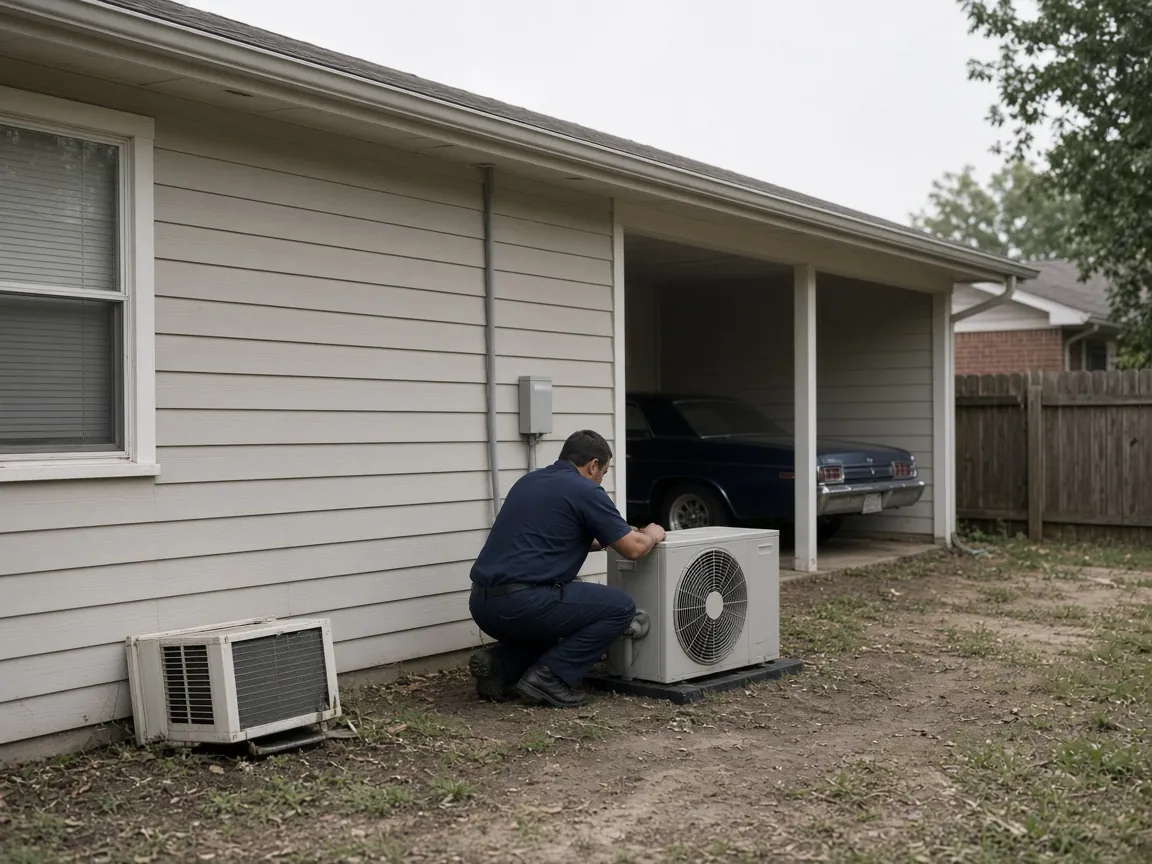 Technician installing a ductless mini-split outdoor unit beside a 1960s ranch home in Pasadena with an old window unit retired