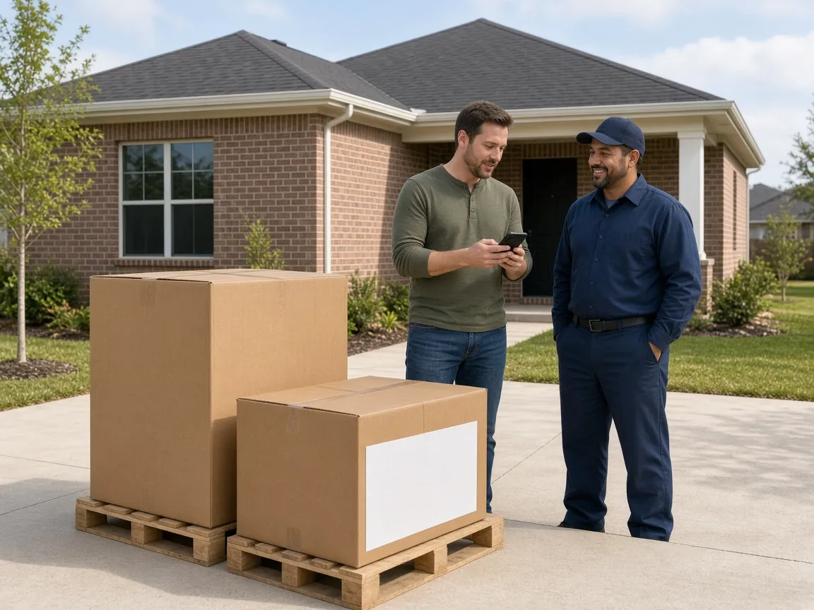 Homeowner showing equipment details to an HVAC technician beside delivered AC boxes in Pearland