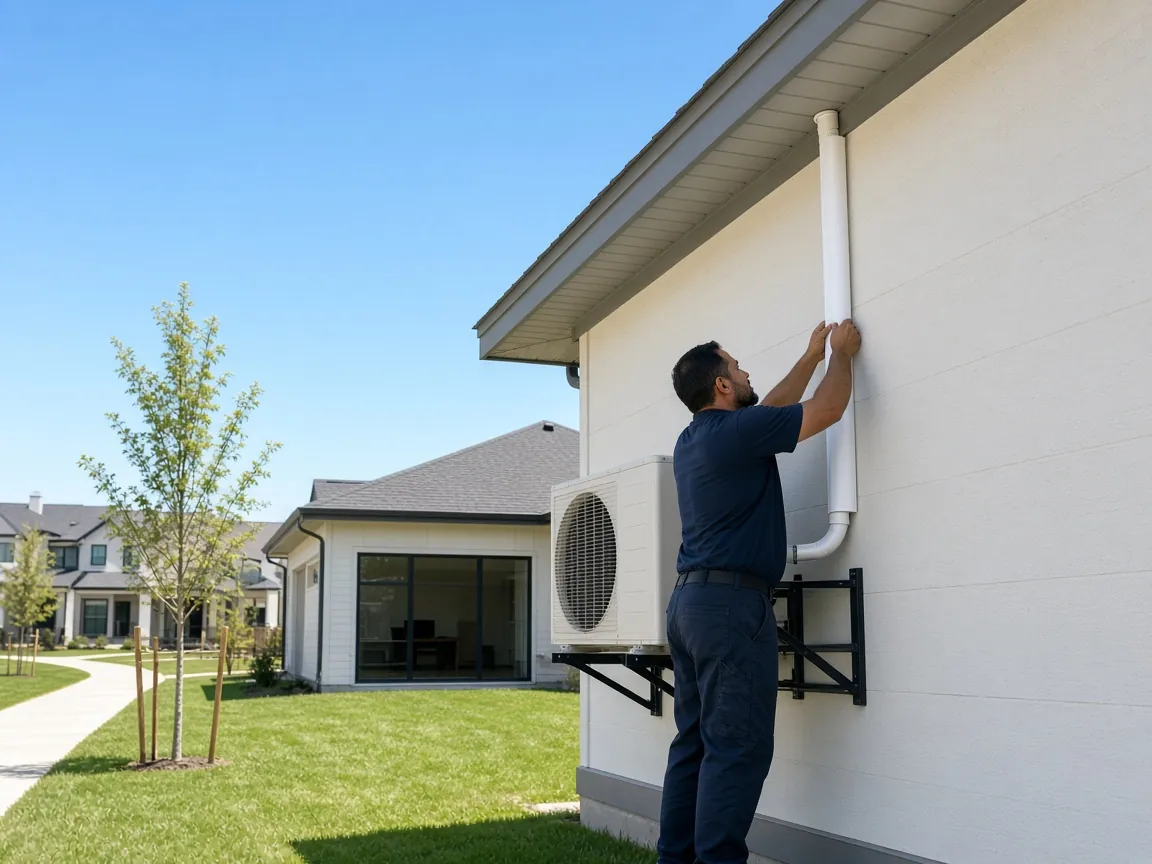 Technician fastening a line-set cover above a wall-mounted mini-split at a new home in Richmond
