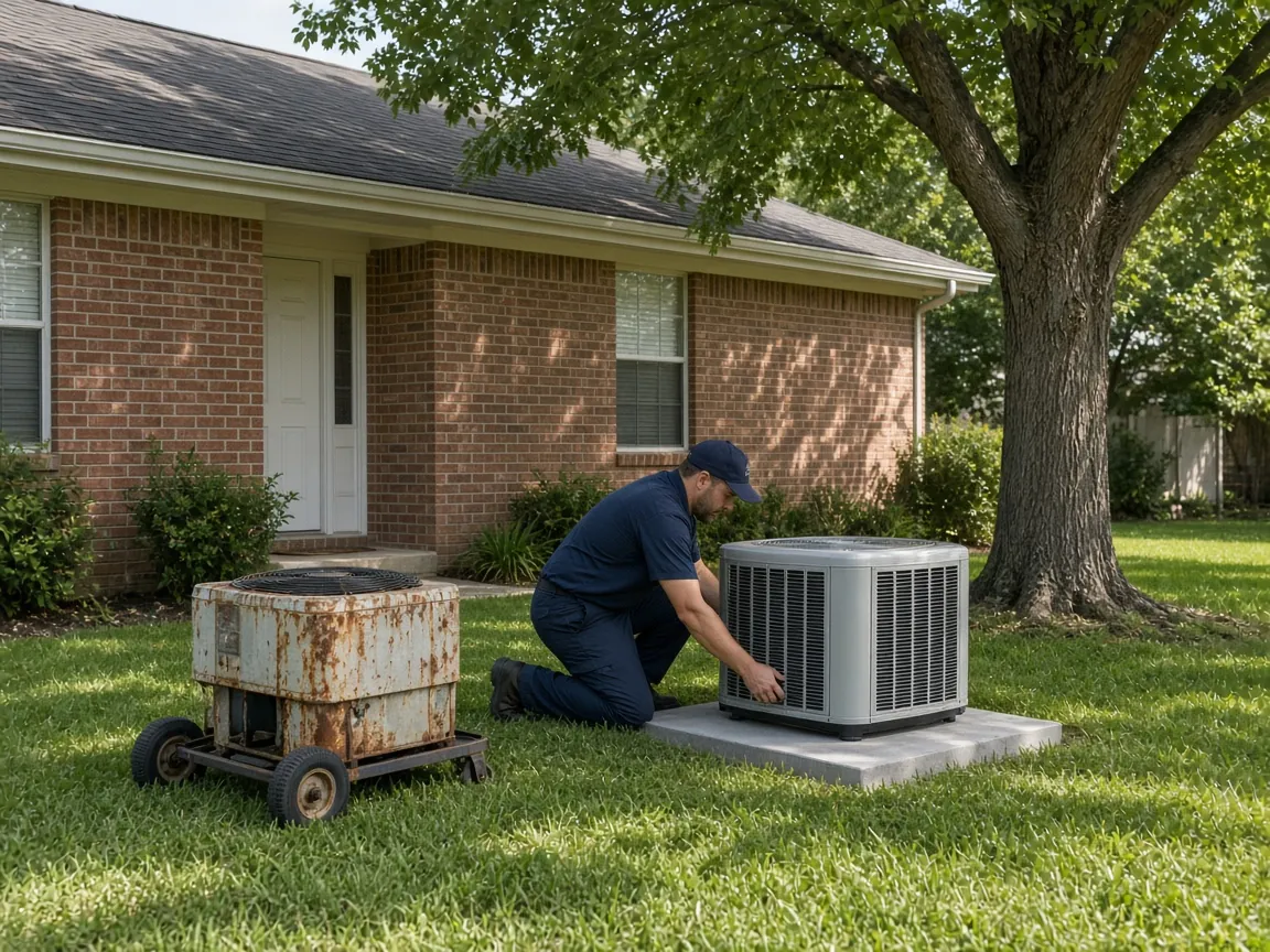 Old rusted AC condenser removed and a new unit installed at a brick ranch home in Spring
