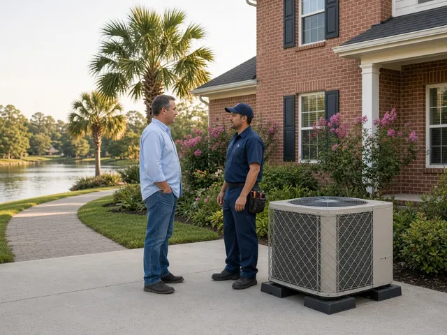 Homeowner and technician beside a new AC condenser at a Sugar Land brick home