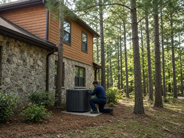 Heat pump installed among pine trees at a home in The Woodlands