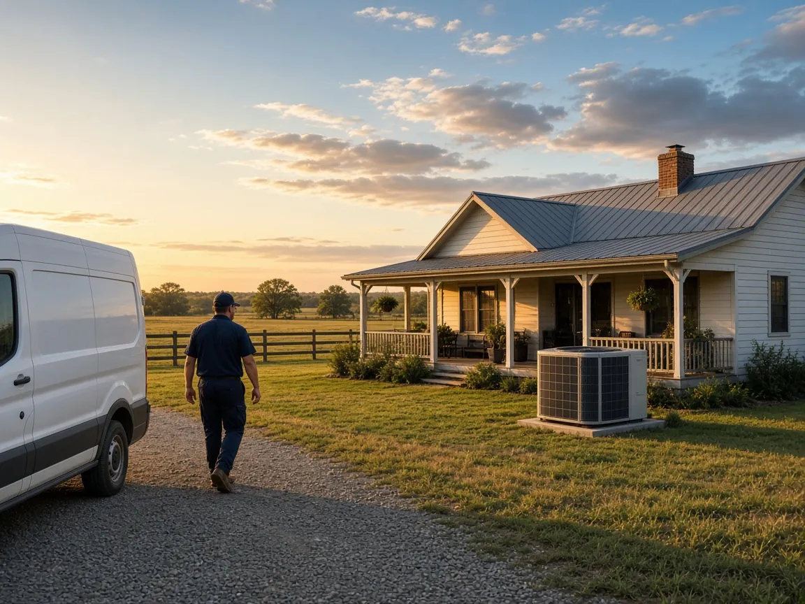 Farmhouse on acreage with a new heat pump and an HVAC technician walking from a work van in Tomball