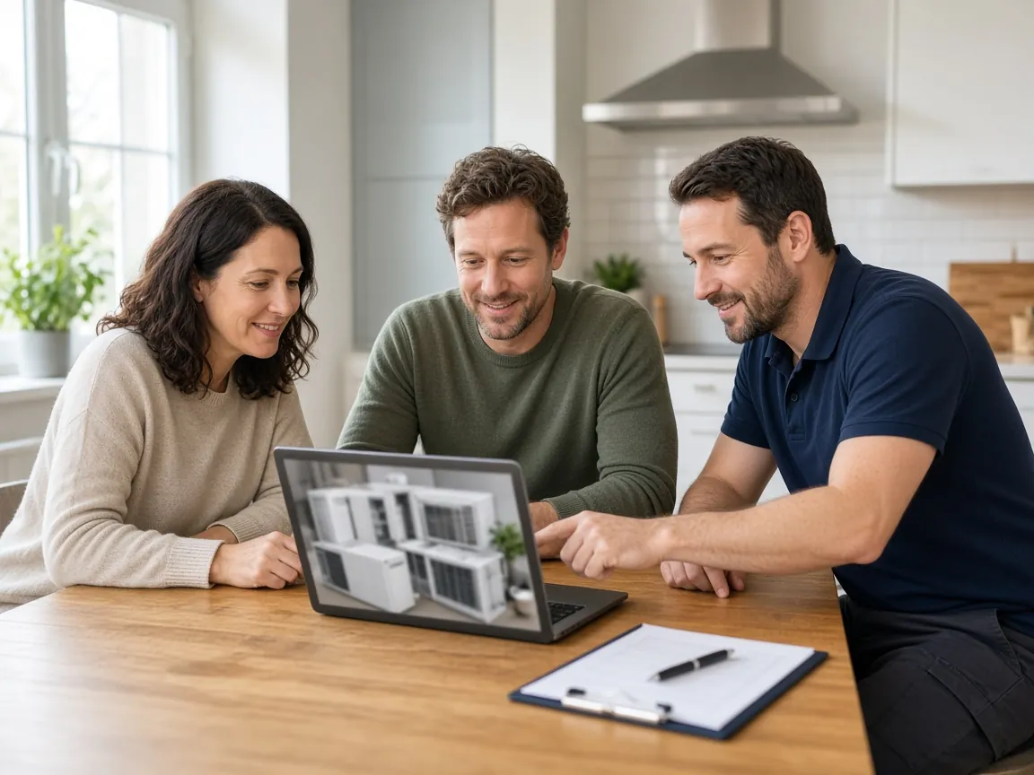 My AC Dude technician reviewing HVAC equipment options on a laptop with homeowners