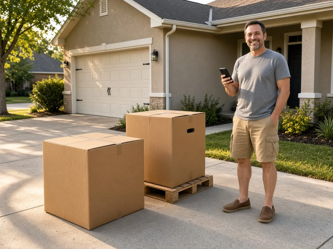 Homeowner with new HVAC equipment delivered to his driveway
