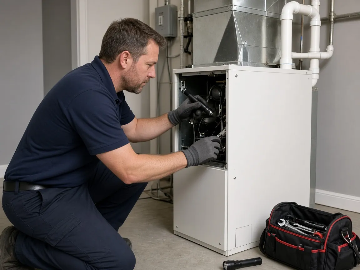 Technician installing a new high-efficiency gas furnace