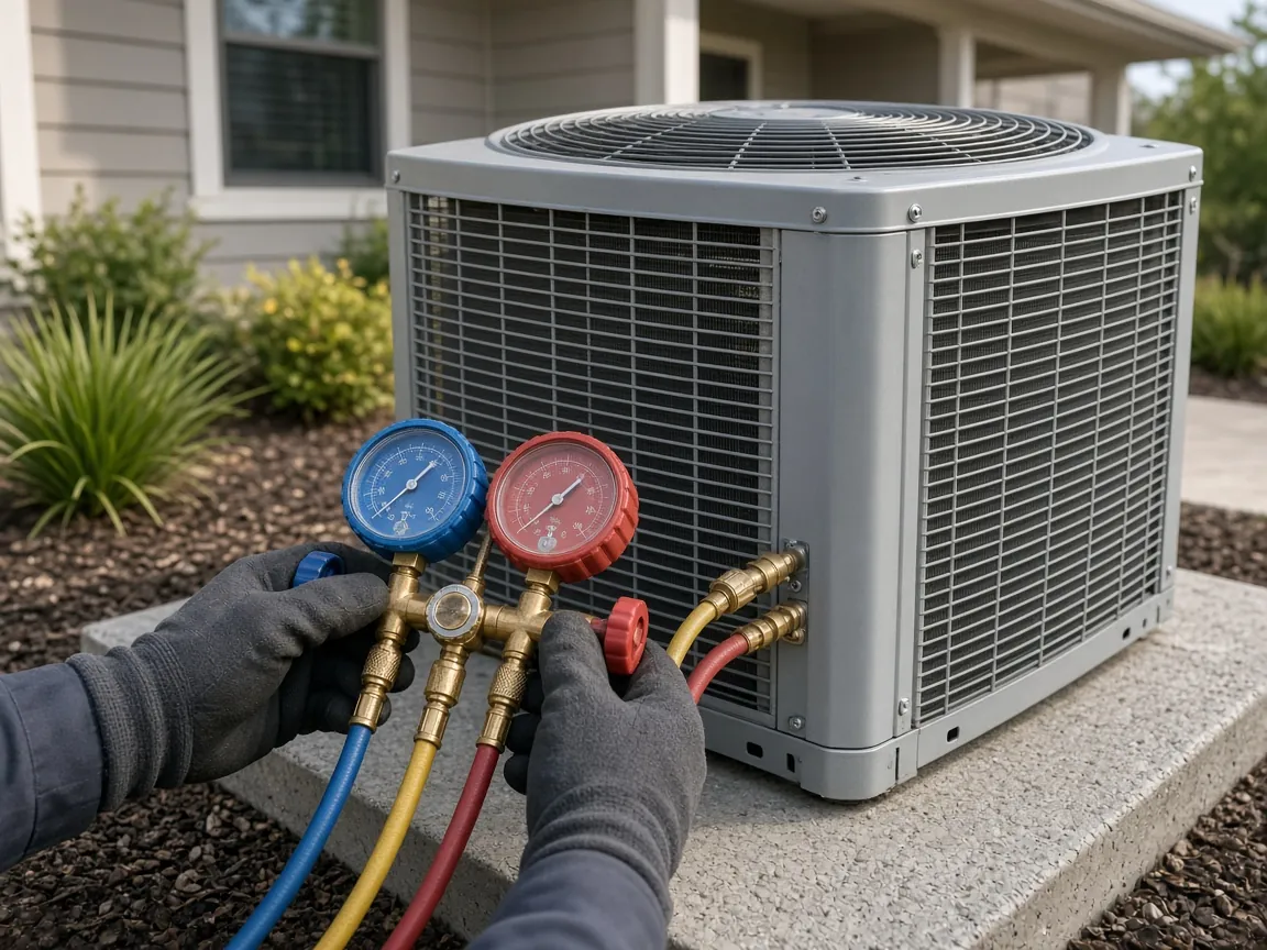 Technician commissioning a new heat pump with refrigerant gauges