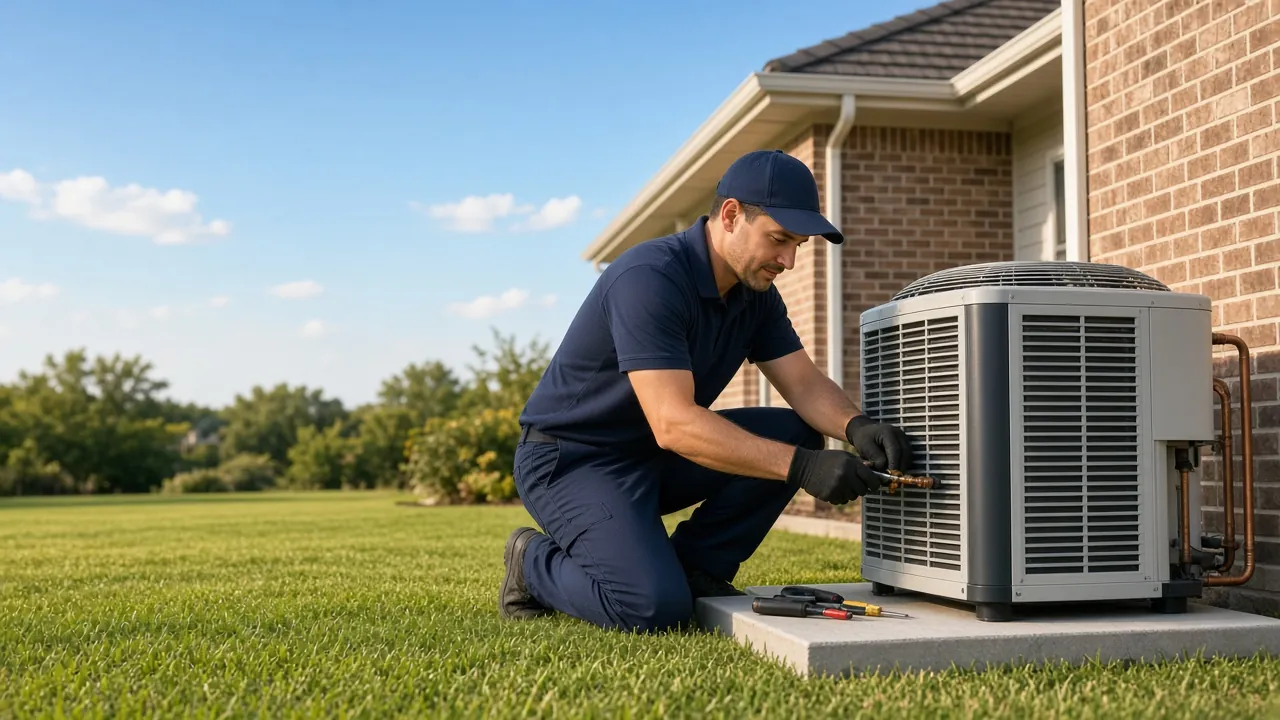 Licensed My AC Dude technician installing a new central air conditioner outside a Houston home