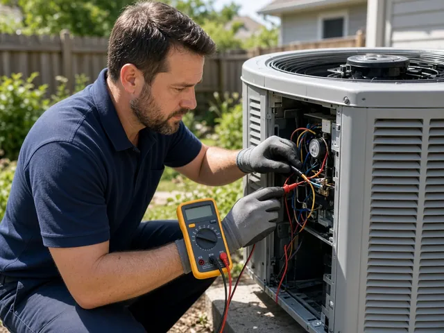 HVAC technician testing an AC condenser